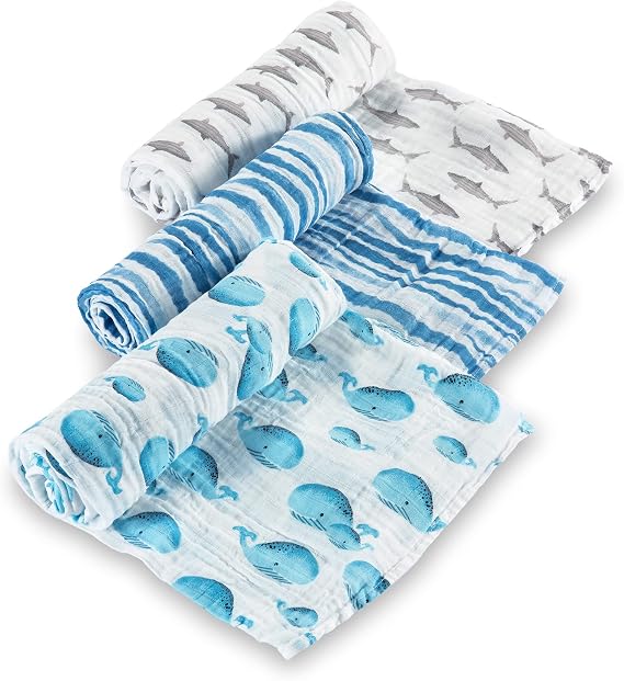 LollyBanks Muslin Swaddle Blankets, 100% Organic Cotton Swaddle Blanket | 3 Pack, 47" x 47", Soft Receiving Blanket for Newborn Boys, Stroller & Travel (Ocean Shark and Whale Print)