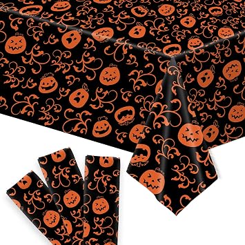 KatchOn, Pumpkin Halloween Tablecloth Plastic - 54x90 Inch, Pack of 3 | Pumpkin Tablecloth, Black and Orange Halloween Table Covers | Table Cloth Disposable
