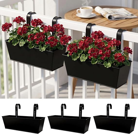 LaLaGreen Large Rail Planter (16 in, 3 Pack) Black Metal Deck Fence Pots | Deck rail planters large balcony fence patio porch outdoor plants, iron hanging trough herb garden flower pots holder