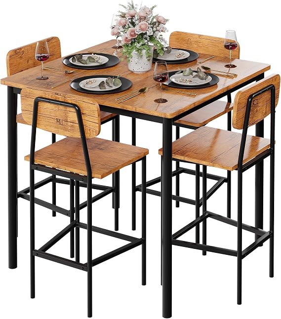 Kitchen Table and Chairs of 4, 5 Piece Dining Table Set, Sturdy Industrial Space Saving Dinette Set for Pub, Family Dinners, Apartment, Brown