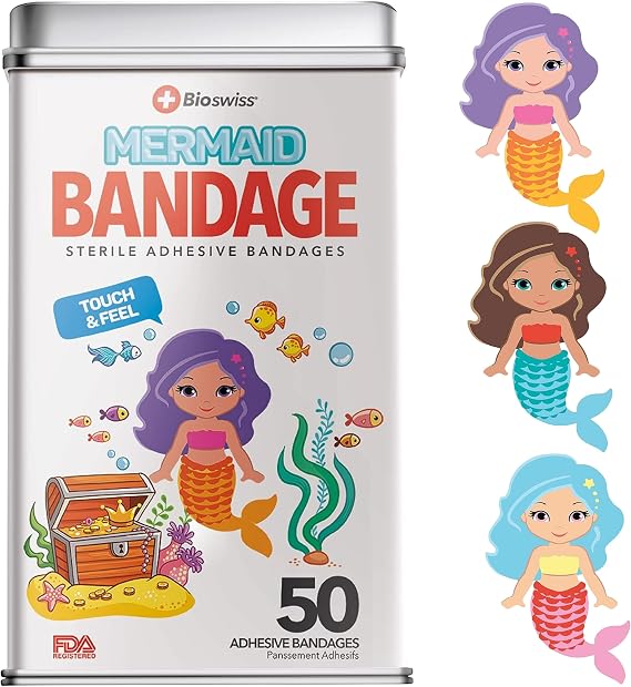 BioSwiss Bandages, Mermaid Shaped Self Adhesive Bandage Set, Latex Free, Sterile Wound Care, 50 Count