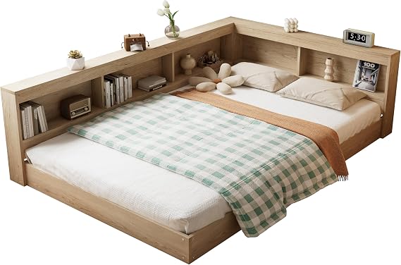 Corner Storage Bed with Storage for Adults Teenagers, Multifunctional Bed, White Oak Color (4ft6 double bed)
