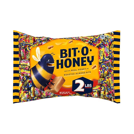 Bit O Honey Candy - Individually Wrapped Honey Taffy with Roasted Almond Bits, Gluten-Free, Classic Bite-Sized Treats, Sweet and Chewy Taffy Candy Bulk Bag - 2 LBS