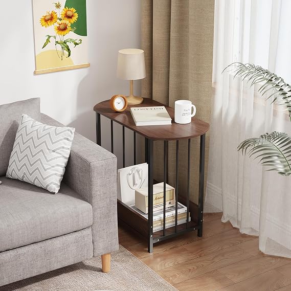 Narrow Sofa Side Table with Storage White for Living Room, 2-Tier End Tables Coffee Table Bedside Tables Small Space (Dark Walnut)