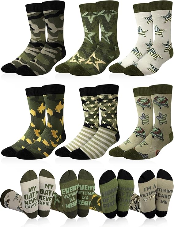 6 Pairs Army Socks for Men Novelty Army Camo Crew Socks 4th July 250th Anniversary Military Gifts Patriotic Veteran