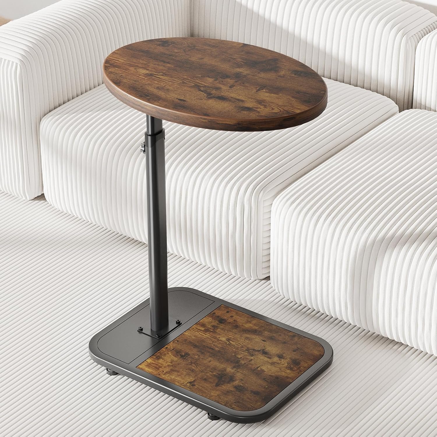 Mutool Lifting Side Table, C Shaped End Table Height Adjustable, TV Tray for Living Room Bedroom Office, Rustic Brown & Black