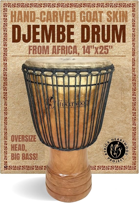 Africa Heartwood Project Hand-Carved Djembe Drum from Africa - 14"x25" Oversize with Big Bass (Rings Carving) - Solid Wood Shell & Natural Goat Skin - Ready to Play Out of the Box Musical Instrument