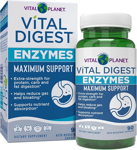 Vital Planet Vital Digest Natural Digestive Enzymes Supports Breakdown of Proteins, Fats, and Carbohydrates and Reduces Occasional Gas, Bloating and Indigestion 90 Capsules (Packaging May Vary)
