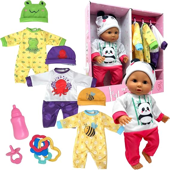Soft Body Baby Doll with Accessories & 4 Sets of Animal Outfits, Realistic Baby Doll with Clothes & Toys, 14 Inch Doll Play Set Wardrobe Closet, Baby Dolls for Girls, Gift for 3 4 5 Year Old