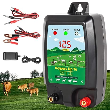 Electric Fence Energiser, 12V Electric Fence Tester Insulators Includes Leads and Ground Wire, Weatherproof Kit for Horses, 2 Joule Output,10Km Range
