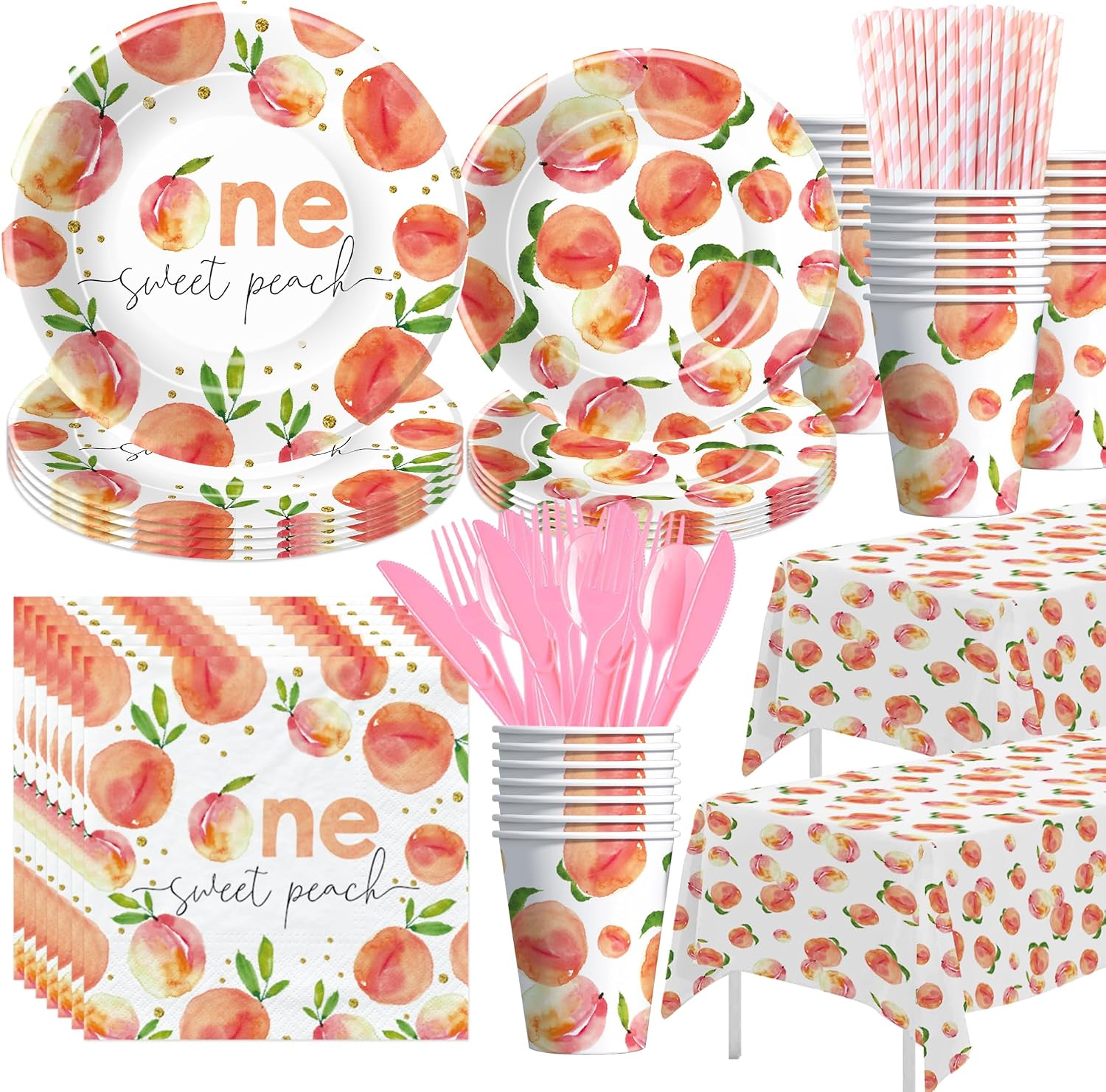 One Sweet Peach Birthday Decorations Party Tableware - Peach First Birthday Party Supplies, 1st Paper Plate, Cup, Napkin, Tablecloth, Disposable Cutlery | Serves 24