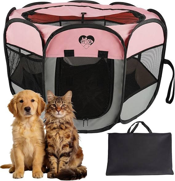 Dog Cat Playpen,Pet Cage - Indoor Outdoor, Portable Foldable Pop Up, Removable Zipper Top,Fits Dogs, Cats, Rabbits (Pink,M)