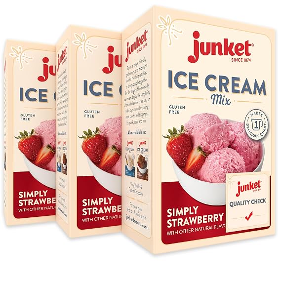 Junket Strawberry Ice Cream Mix: Makes Old Fashioned Homemade Ice Cream for Ice Cream Maker or Hand Stir - Just Add Milk & Cream, Chill, and Enjoy. Quick & Easy! 4 oz Box Starter Mix (Pack of 3)
