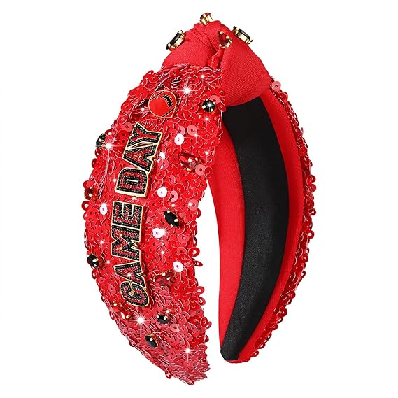 NVENF Football Headband for Women Football Mom Accessories Game Day Knotted Headbands Jeweled Rhinestone Crystal Wide Top Knot Headband Black Red Game Day Hair Accessory Red 3