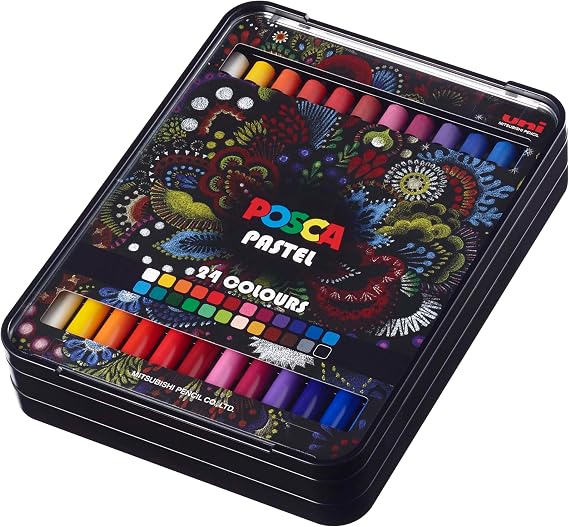 Posca Heat Pliable Oil & Wax Based Pastels Pack with Natural Pigments and Powerful Chromatic Intensity, Artist Grade Pastels Have 24 Highly Pigmented Colors for Shading, Scratching, and Smoothing | Layer or blend on many surfaces, heat or sharpen for texture effects, wax-rich formula for true color laydown, hard case