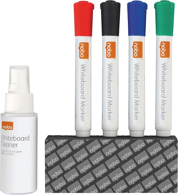 Nobo Dry Erase Whiteboard Accessory Starter Kit, Cleaning & Care Set, Includes 4 Marker Pens, Board Eraser & Cleaning Spray, 1903798