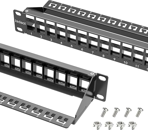 Jadaol 1U 24 Port 10Gbps Blank Patch Panel with Cable Management & Back Bar