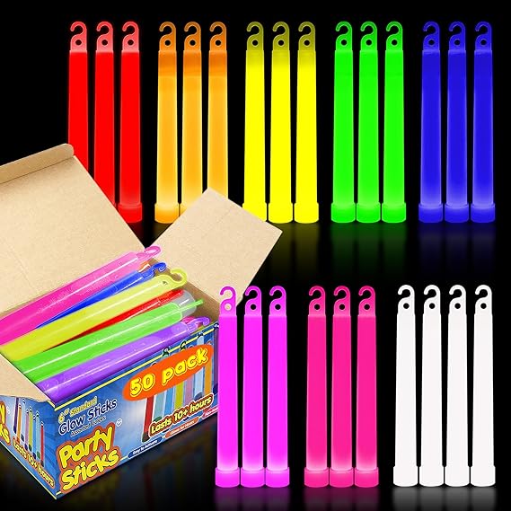 PartySticks Glow Sticks Party Supplies for Kids and Adults (50pk Assorted) - 6 Inch Bulk Glow Light Up Sticks Party Favors, Glow in the Dark Party Decorations, Waterproof Nontoxic Glow Necklaces