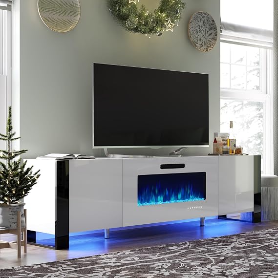 VanAcc 80" Fireplace TV Stand with 40" Electric Fireplace | High Gloss Entertainment Center, for TVs up to 90", LED Lights, Modern TV Console Cabinet, White