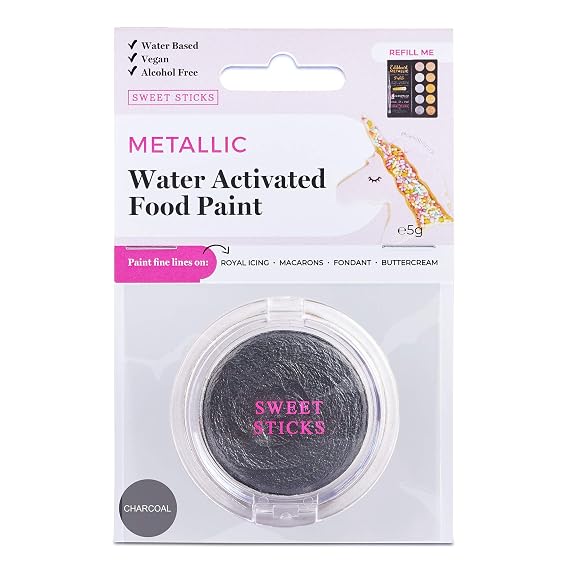Charcoal Water Activated Edible Food Paint Pan, Refill Palette By Edible Art with 1 Fine-Line Brush - Water Based Vegan Cake Paint, Water Activated Icing Paint (5 Grams)