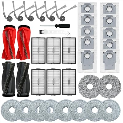 36PCS Accessories Kit Compatible with Roborock Saros 10R Robot Vacuum, 2 Pairs Main Brush, 10 Dust Bags, 10 Mop Pads, 6 Side Brushes, 6 HEPA Filters, 1 Cleaning Brush, 1 Screwdriver
