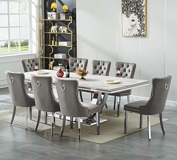 94.5" Faux Marble Dining Table Set for 8, Modern White Kitchen Table with Silver Stainless Steel Pedestal, Luxury Dining Room Table with 8 Gray Velvet Dining Chairs, 7 Piece Dining Table Set