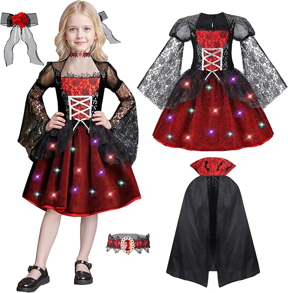 LOYO Vampire Costume for Girls - Light Up Halloween Costumes for Toddler Girl with Cape,Hair Clip, Dress Up for Kids Age 3-10