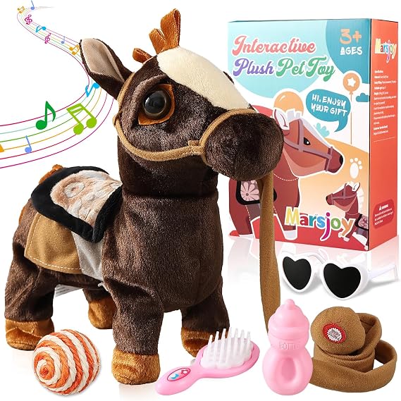 Marsjoy Black Walking Pony Toy Musical Singing Dancing Plush Interactive Walk Along Toy Horse with Leash Pony Robot Stuffed Animal for Boy Girl Ages 3+ H: 11.81" Age 3+
