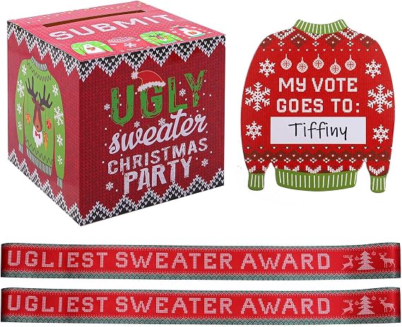 Cooraby Ugly Sweater Contest Ballot Box and 60 Voting Cards, 2 Pieces Sweater Award Sashes for Xmas Decorations Office Holiday Christmas Party Supplies