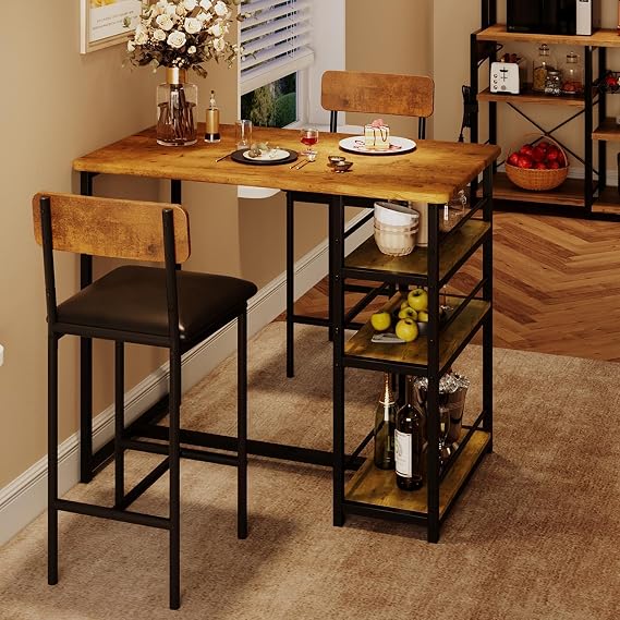 Bar Table and Chair Set with 3 Shelves, 2 Upholstered Stools, Vintage