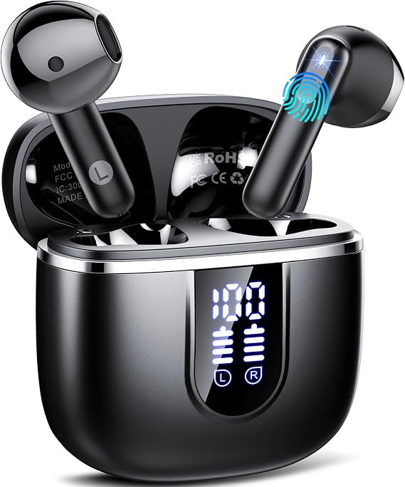 Wireless Earbuds, Bluetooth 5.4 Headphones with 3D Bass Stereo Sound, Bluetooth Earbuds with 4 ENC Noise Cancelling Mic, 40H Ultralight In-Ear Buds USB-C LED, IP7 Waterproof Earphones for Android iOS