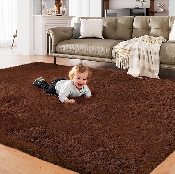 AMTOVO Area Rugs for Living Room, Fluffy Brown 8x10 Clearance Bedroom Rug, Large Throw Shag Carpet for Nursery, Kids, Playroom Home Decor