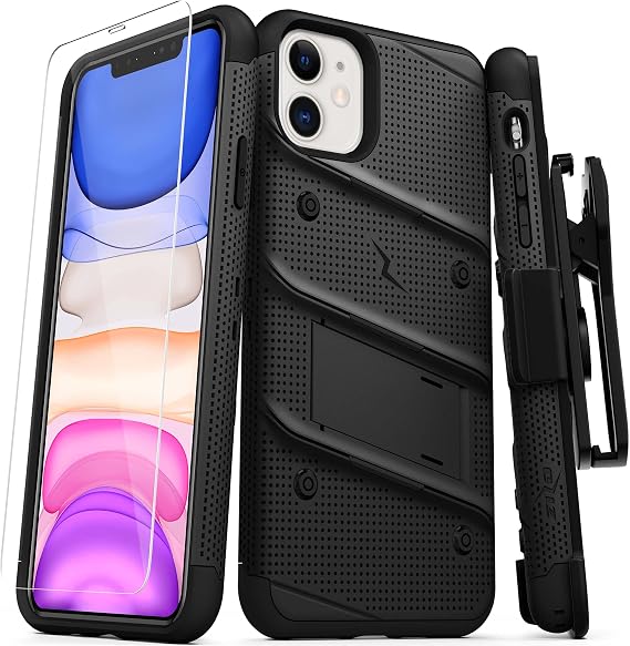Zizo Bolt Cover - Case for iPhone 11 with Military Grade + Glass Screen Protector & Kickstand and Holster (Black