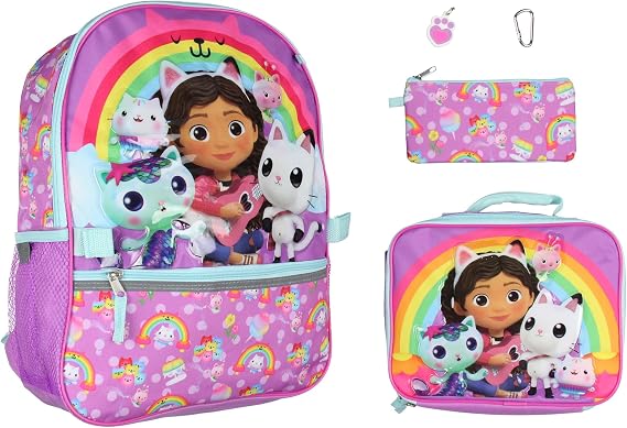 AI ACCESSORY INNOVATIONS Gabby's Dollhouse Backpack Gabby Cat Friends Raised Character Backpack Set Lunch Box Water Bottle 5 Piece For Kids 16"