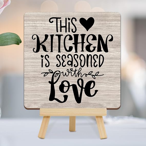 Kitchen Decor, Farmhouse Kitchen Counter Decoration and Accessories, Black and White Kitchens Sign Wooden Plaque with Easel for Dinging Room Table Shelf - F05