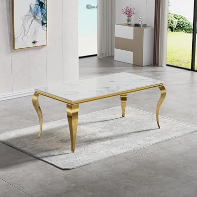 70 White Marble Dining Table for 6-8 Person, Rectangle Faux Marble Top Dining Table with Gold S Shape Stainless Steel Pedestal Table, Mid Century Modern Dining Table for Dining Room Kitchen