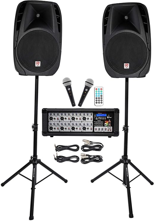 Rockville RPG2X15 Bundle: (2) 15 in Passive PA Speakers, 8-Channel Powered Mixer, Bluetooth, USB/SD, (2) Tripod Stands, (2) Wired Microphones, (2) 10 ft Speaker Cables, 9-Items