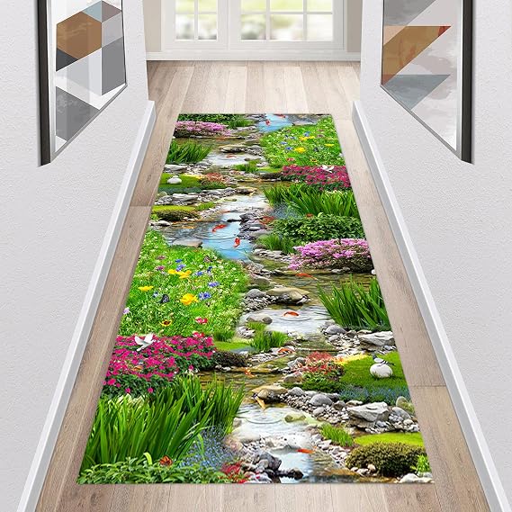 Rug Runner Hallway Non-Slip Kitchen Runner Washable 3D Print Pattern 80 x 200 cm Green Corridor Carpet Runner Long Kitchen Rug for Kitchen Living Room Bedroom Carpet Runner Sold by the Metre Adjustable