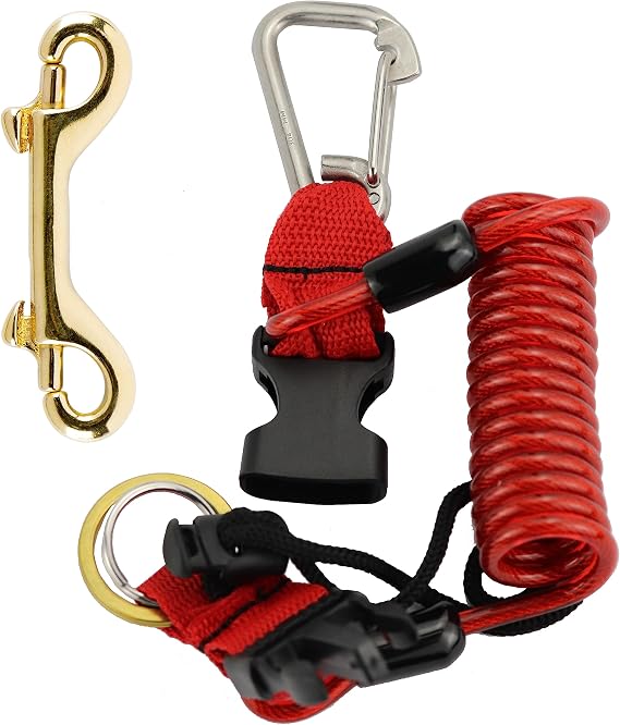 Scuba Diving Lanyard,Spring Coiled Lanyard,Double End Snap Hook Clip Diving Hook with Quick Release Buckle for Cameras and Dive Lights Set of 1