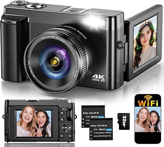 4K Digital Camera for Photography Autofocus, Upgraded 64MP WiFi Vlogging Camera for YouTube with 3" 180 Flip Screen, 16X Zoom, Compact Travel Cameras for Beginners with 32GB Card, 2 Batteries, Black