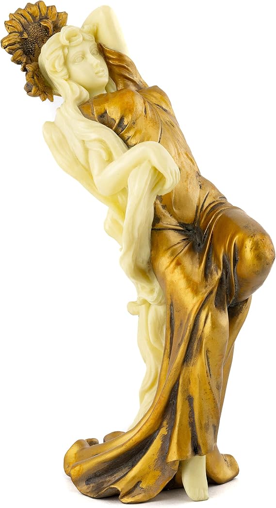 Top Collection Art Nouveau Posing Lady Statue- Hand Painted Collectible New Art Deco Sculpture in Golden Dress- 8.75-Inch Alphonse Mucha Summer Figurine