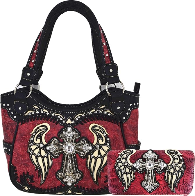 Western Style Rhinestone Cross Studded Laser Cut Wings Tooled Leather Purse Women Handbags Country Shoulder Bag Wallet Set