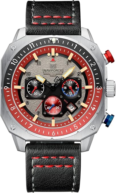 NAVIFORCE Men's Fashion Sport Watches Military Square Big Face Waterproof Chronograph Wristwatch with Luminous Hands,Leather Strap