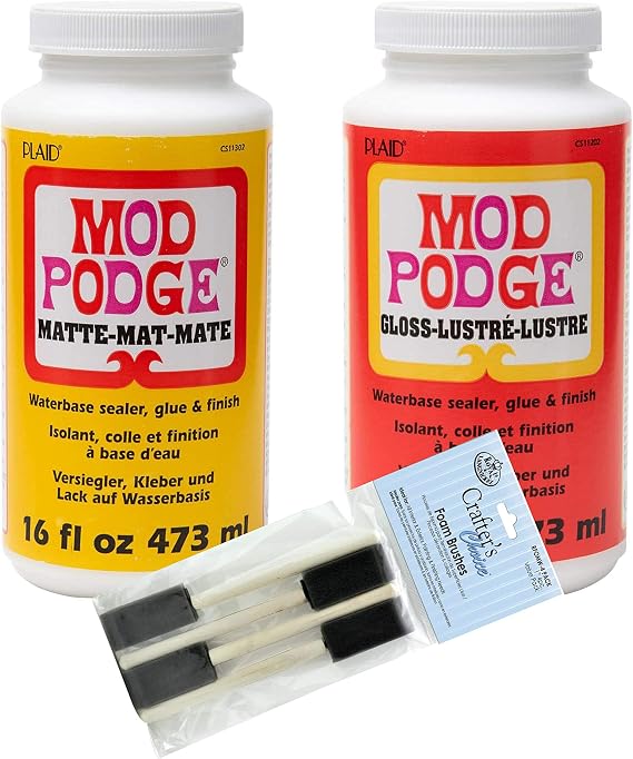 Mod Podge Complete Decoupage Kit-Two 16oz Bottles Waterbase Sealer/Glue (Matte Gloss Finish) with 4-pk Foam Brush Set, Clear