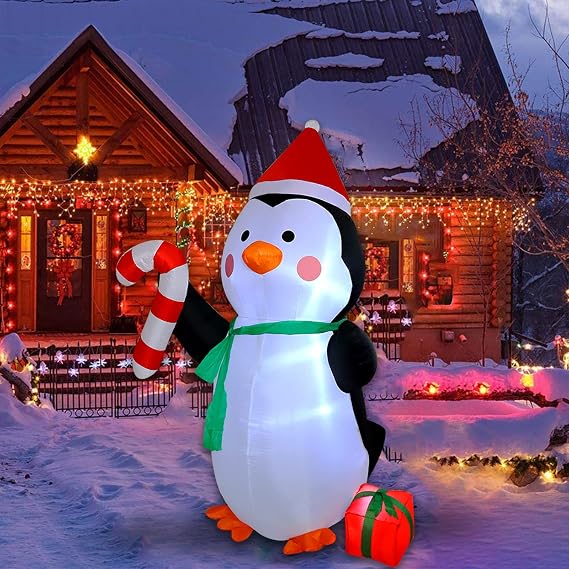 MorTime 8 FT Christmas Inflatable Reindeer with Gift Boxes, Blow up Lighted Xmas Yard Decor with LED Lights for Christmas Outdoor Yard Party Shopping Mall Decorations (Penguin)
