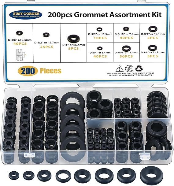 200 PCS Hollow Rubber Grommet Firewall Hole Plug Assortment, Rubber Grommet kit 1/4", 5/16", 3/8", 7/16", 1/2", 5/8", 3/4'', 7/8", 1''