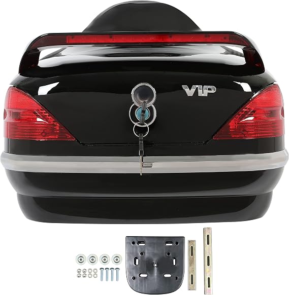 Black Motorcycle Hard Trunk Top Case with Backrest and Tail Light for Harley Davidson, Honda, Yamaha, Suzuki, Vulcan