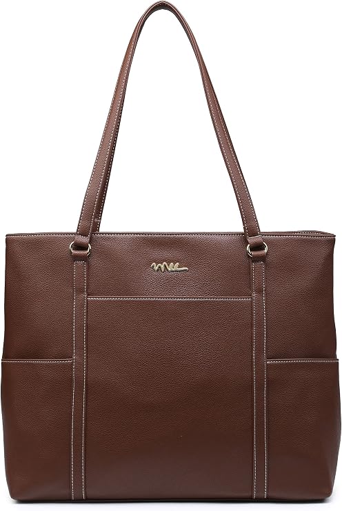 Classic Laptop Leather Tote Bag for 15 15.6 inch Notebook Computers Travel Carrying Bag with Smart Trolley Strap Design - Dark Brown