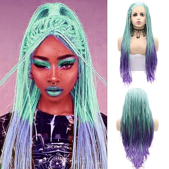 Blue Braided Wigs Lace Front Wigs for Black Women Micro BraidBox Braids Ombre Mint Green Blue Purple Colorful Wig Braids Wig Synthetic Heat Resistant Fiber Hair Drag Cosplay Makeup Daily 28Inch