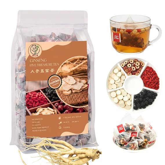American Ginseng Five Treasures Tea, Kidney Tea Formula with Organic Wolfberry & Mulberry, Traditional Five Treasures Herbal Tea for Men & Women, Six Precious Ingredients Herbal Tea (1 Pack / 30 Bags)